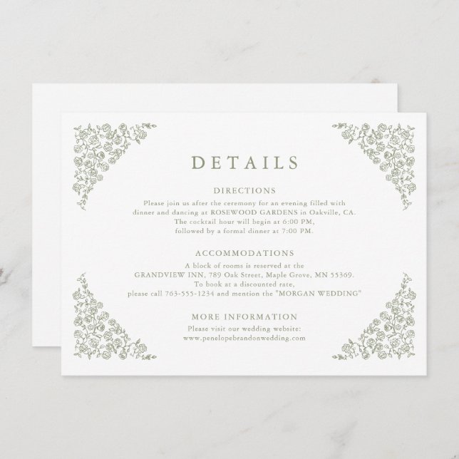 Information om tidslös Sage Grönt Bröllop Blommigt Tilläggskort (Fram/baksida)
