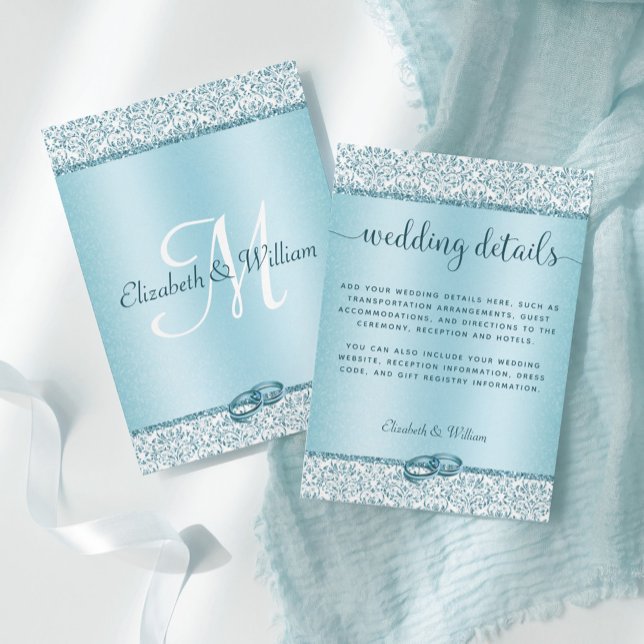 Information om Trendig Blue Glitter Damask Wedding Tilläggskort (Skapare uppladdad)