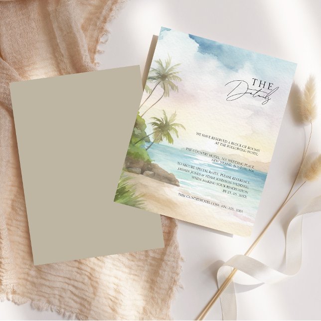 Information om Tropical Beach Handflatan Träd Bröl Tilläggskort (Tropical Beach Palm Trees Wedding Details Enclosure Card)