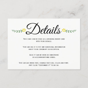 Information om Typografi gult blommigt bröllop inf Tilläggskort