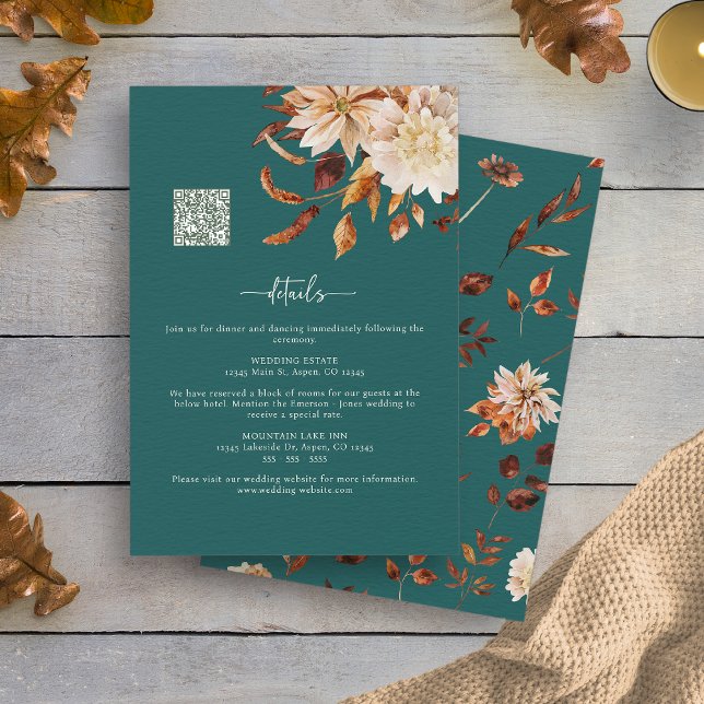 Information om uppackningsfel tilläggskort (Teal Fall Leaves Decor Details Enclosure Card QR Code by Painted Paperie
)