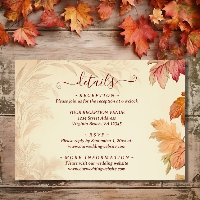 Information om vackert Höst löv under bröllopet Tilläggskort (Front - Fall in Love Beautiful Autumn Leaves Fall Wedding Enclosure Card)