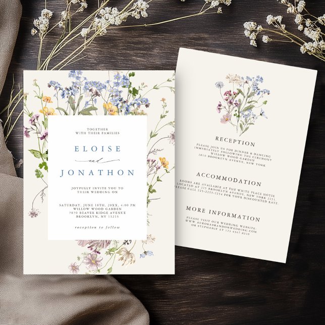 Information om vår Wildblomsänggarden Bröllop Inbjudningar (Colorful Spring Wildflower Meadow Garden All in one Wedding invitation with details on back)