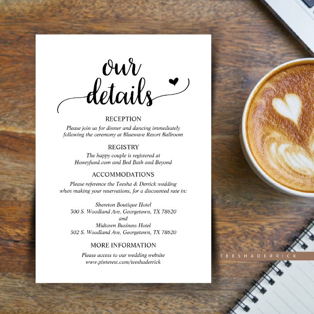Information om vårt Bröllop, kort för Rustik skrip (Our Wedding Details Enclosure Card, Reception, Registry, Hotels and website, in Rustic Script design)