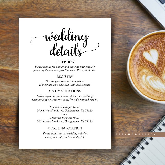 Information om vårt Bröllop, kort för Rustik skrip (Our Wedding Details Enclosed Card, Reception, RSVP, Hotels and Website, in Rustic Themed.)