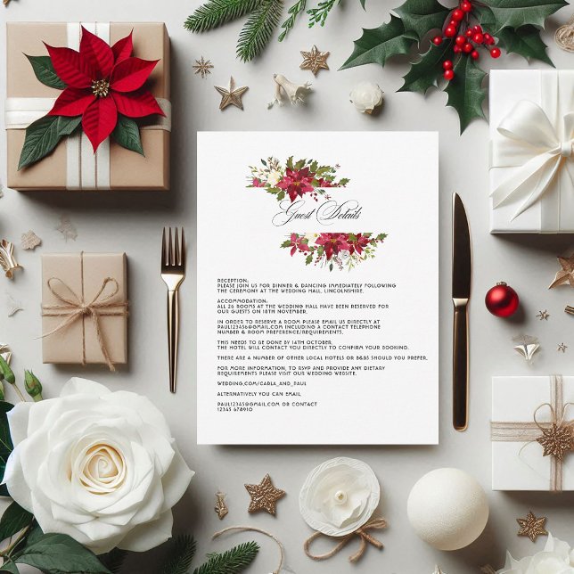 Information om vätefärgad Blommigt jul Bröllop Gue Tilläggskort (Watercolor Floral Christmas Wedding Guest Details Enclosure Card)