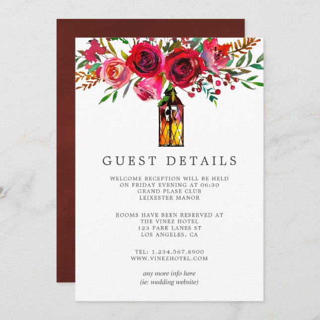 Information om vätefärgade Blommigtar Bröllop gäst Inbjudningar (Fram/baksida)