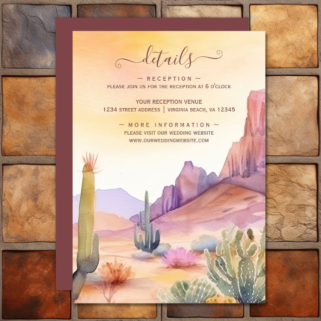Information om vattenfärgen Desert och Cactus Bröl Tilläggskort (Watercolor Desert and Cactus Wedding Details Enclosure Card)