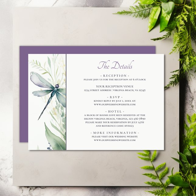 Information om vattenfärgen Dragonfly och Greenery Tilläggskort (Watercolor Dragonfly and Greenery Wedding Details Enclosure Card)