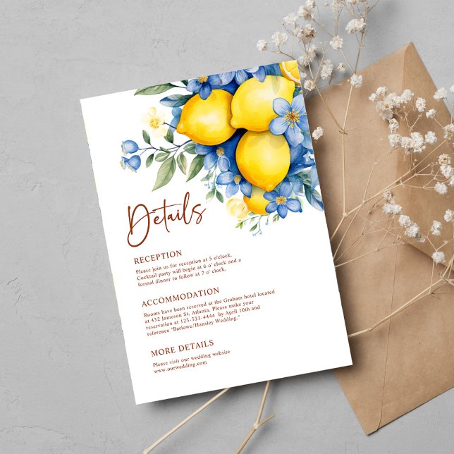 Information om vattenfärgen Lemon Botanical Bröllo Tilläggskort (Watercolor Lemon Botanical Wedding Details Enclosure Card)