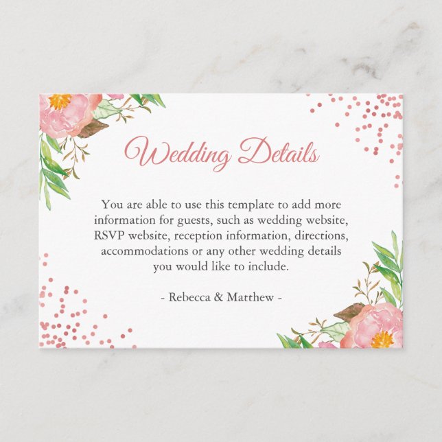 Information om vattenfärgen  Rosa Blommigt Bröllop Tilläggskort (Framsida)