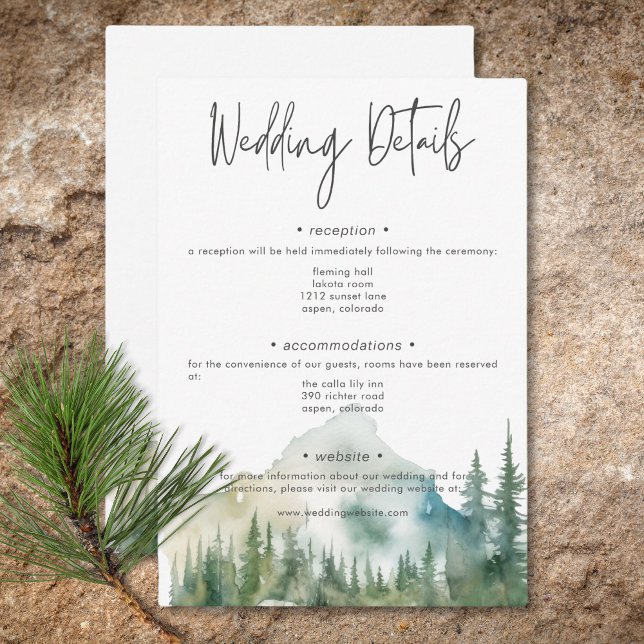 Information om vattenfärgen Rustitain Mountain Sjö Tilläggskort (Rustic Mountain Lake Scene Watercolor Details Enclosure Card)