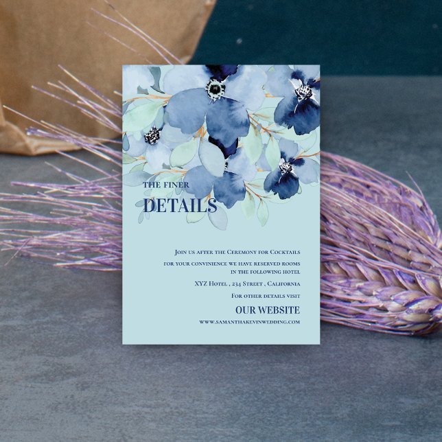 Information om vattenfärgen Söt Blue Blommigt Bröl Tilläggskort (Watercolor Pretty Blue Floral Wedding Details Enclosure Card)