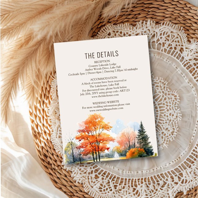 Information om vattenfärgshöljet Fall Sjö Bröllop Tilläggskort (Wedding Details Guest Information Insert from the Fall Lake Wedding Collection by Darling & May )