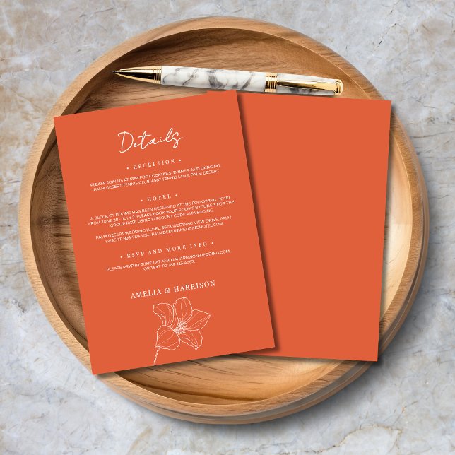 Information om Verona Sunset Elegant Orange Blommi Tilläggskort (Verona Sunset Elegant Orange Floral Wedding Details Enclosure  Card with Reception, Hotel, RSVP info)