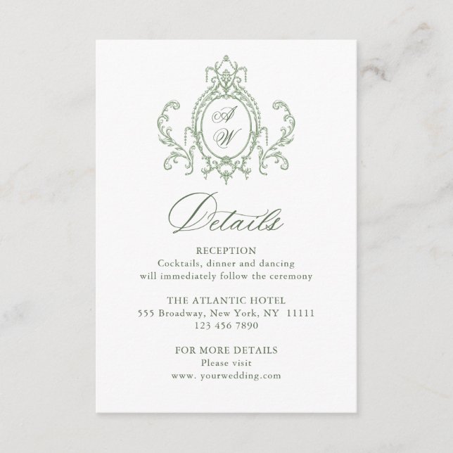 Information om Victorian Ornate Blommigt Sage Grön Tilläggskort (Framsida)