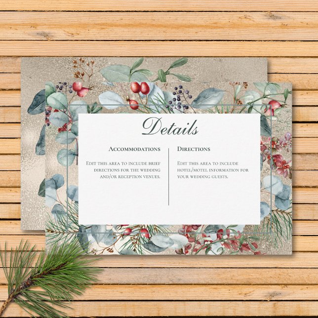 Information om Vinterjul Greenery Guld Bröllop Tilläggskort (Winter Christmas Greenery Gold Details Wedding Enclosure Card)