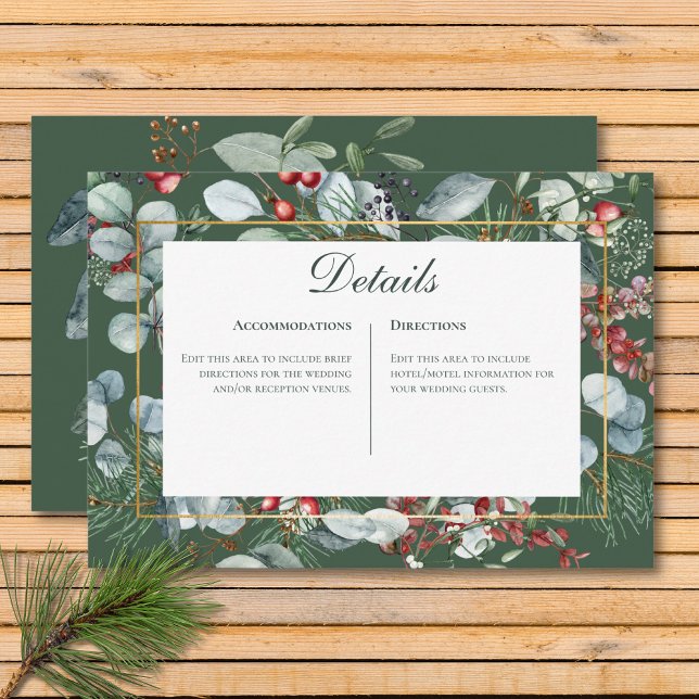 Information om Vinterjulens gröna Grönt Bröllop Tilläggskort (Winter Christmas Greenery Green Details Wedding Enclosure Card)