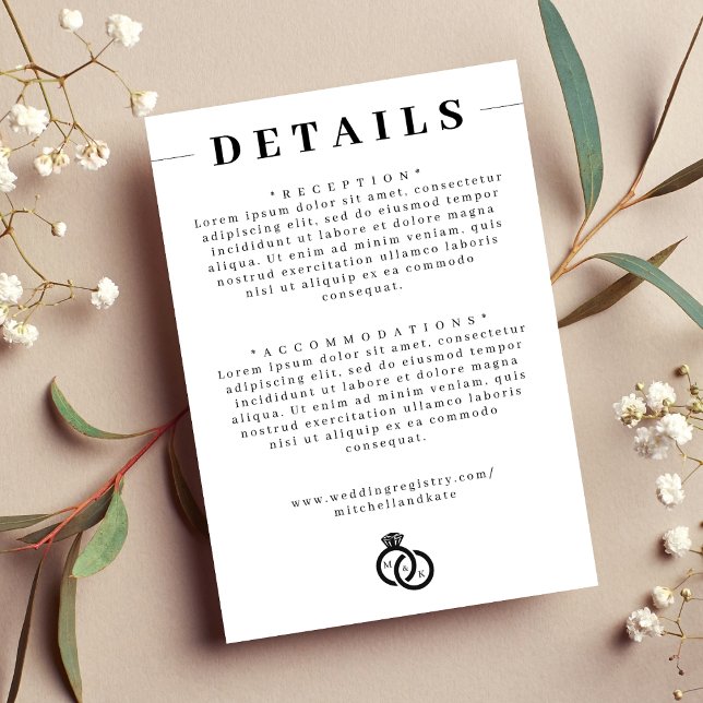 Information om vit och svart Diamond Ring Monogram Tilläggskort (White & Black Diamond Ring Monogram Wedding Detail Enclosure Card)