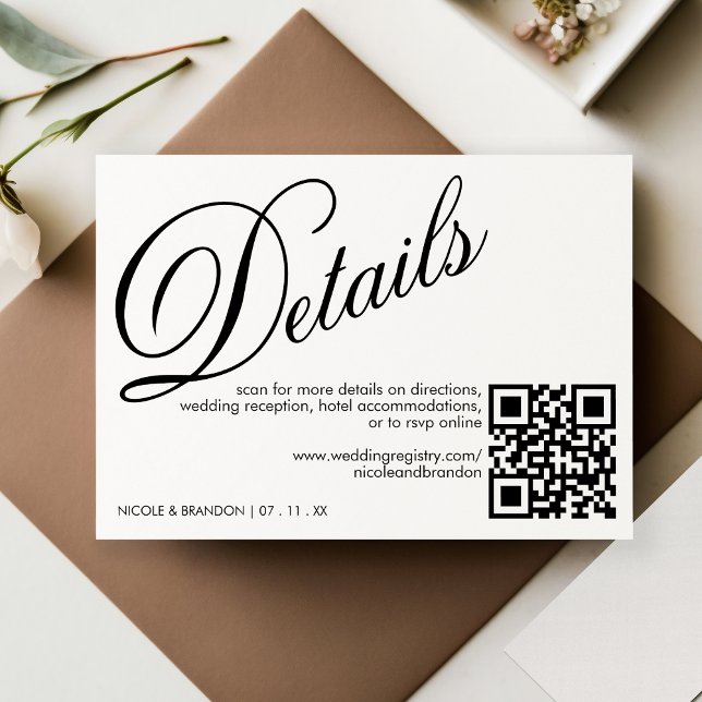 Information om vit och svart Elegant QR-kod Bröllo Tilläggskort (White & Black Elegant QR Code Wedding Detail Enclosure Card)