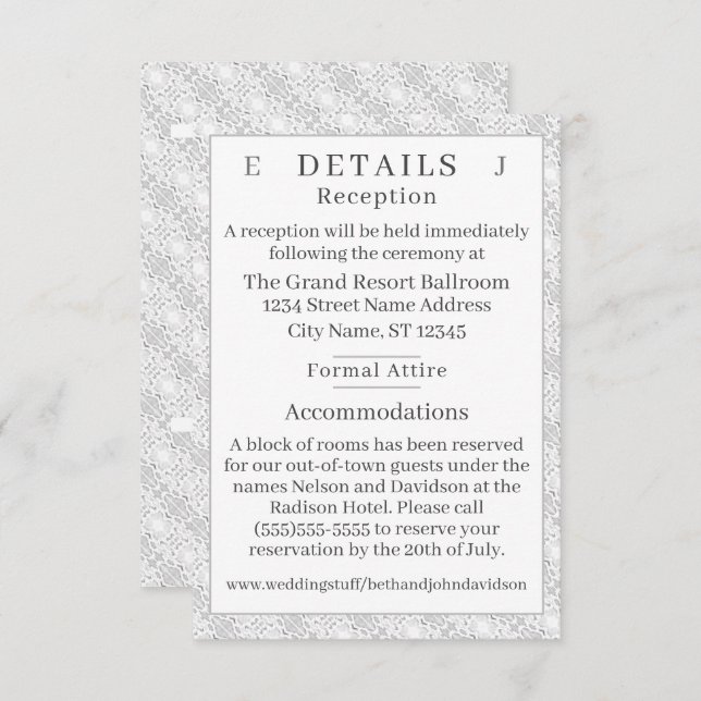 Information om vit Snöre-katolsk monogrammad Tilläggskort (Fram/baksida)