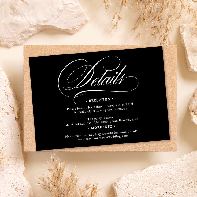 Information om vit svart kalligrafi-chic bröllop inbjudningar (White black calligraphy chic details wedding invitation)