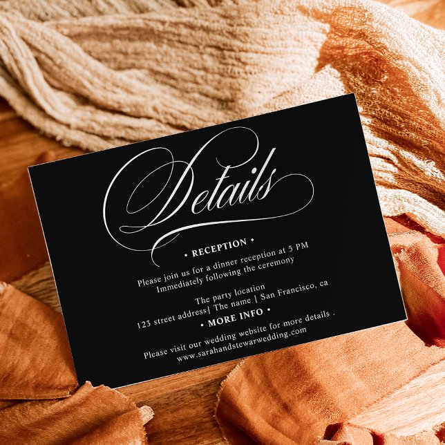 Information om vit svart kalligrafi-chic bröllop tilläggskort (White black calligraphy chic details wedding enclosure card)