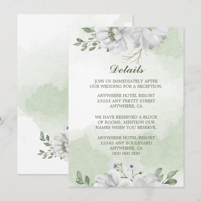 Information om vita blommor i grönt tilläggskort (Fram/baksida)