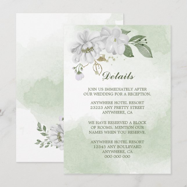 Information om vita blommor i grönt tilläggskort (Fram/baksida)