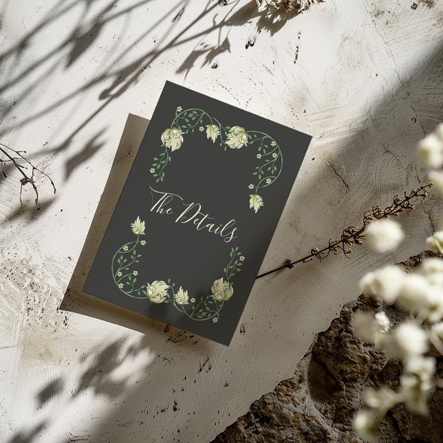 Information om vita blommor i söt art nouveau tilläggskort (Dark background Art Nouveau style pretty flowers frame with "The Details" written in elegent script)