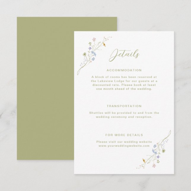 Information om Whimsical Pastel Wildblomme Bröllop Tilläggskort (Fram/baksida)