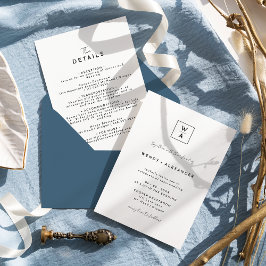 Information om White Modern Script Monogram Vapens Inbjudningar