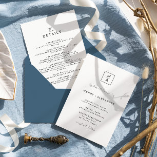 Information om White Modern Script Monogram Vapens Inbjudningar