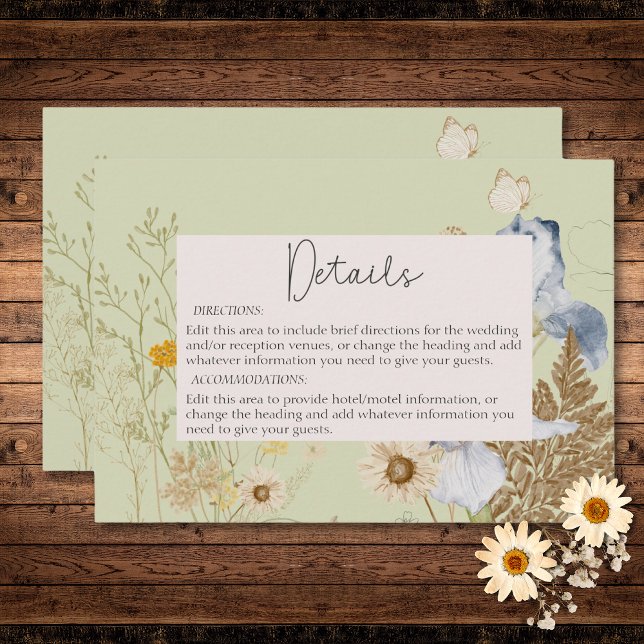 Information om Wildblommor på Light Sage Bröllop Tilläggskort (Wildflowers on Light Sage Wedding Details Enclosure Card)