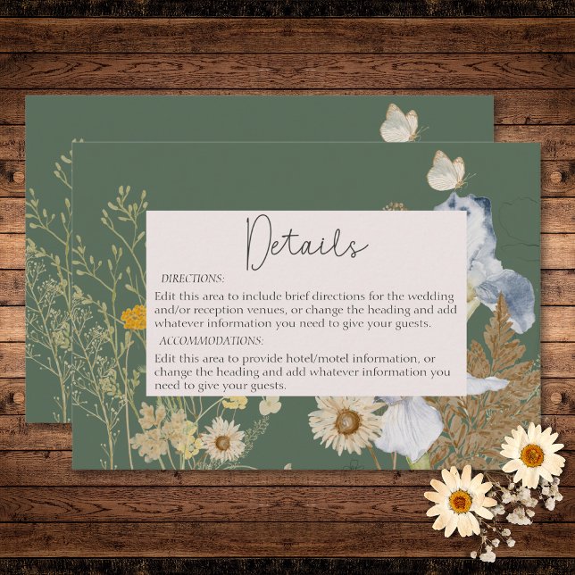 Information om Wildblommor på Sage Bröllop Tilläggskort (Wildflowers on Sage Wedding Details Enclosure Card)