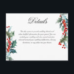 Information om Winter Wedding Holly Berry Vykort<br><div class="desc">Färgfulla sprit av klövar och röda bär ram er anpassningsbar på detta detaljkort för bröllop. Redigera texten för att ge din gäst information om körriktningar,  din webben i bröllop,  hotellinformation osv.</div>