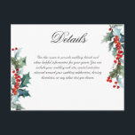 Information om Winter Wedding Holly Berry Vykort<br><div class="desc">Färgfulla sprit av klövar och röda bär ram er anpassningsbar på detta detaljkort för bröllop. Redigera texten för att ge din gäst information om körriktningar,  din webben i bröllop,  hotellinformation osv.</div>