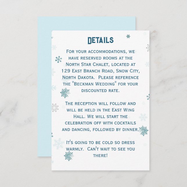 Information om Winter Wonderland Snowflake Bröllop Tilläggskort (Fram/baksida)