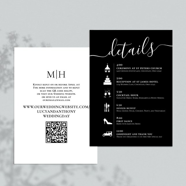 Information QR-kod, tidslinje för svartvitt Bröllo Tilläggskort (Black and white wedding details enclosure card with QR Code timeline. )