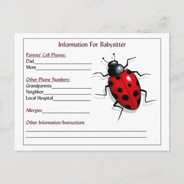 Informationskort för barnvakt: Ladybug, Child Care Vykort (Framsida)