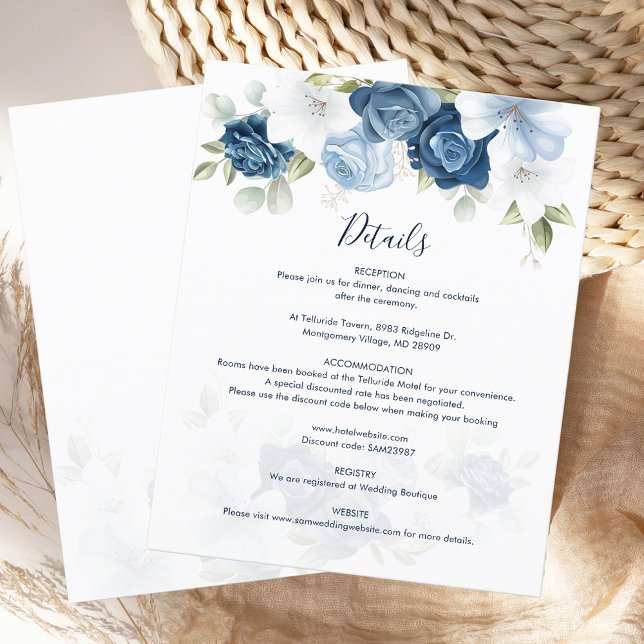 Informationskort för Dusty Blue Blommigt Bloom Brö (Dusty Blue Floral Wedding Details Enclosure Card)