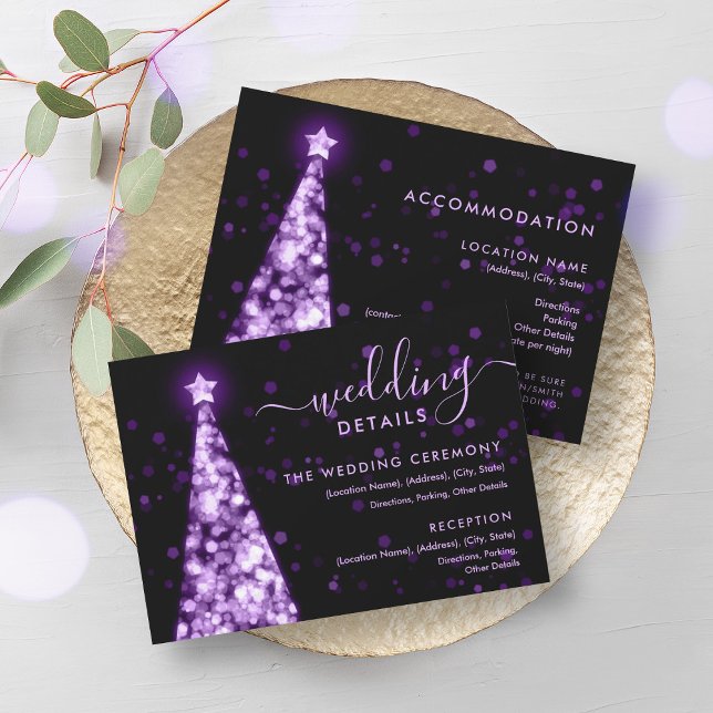 Informationskort för Festive Julafton Lila Bröllop Inbjudningar (Festive Xmas Tree Purple Wedding Details Card)