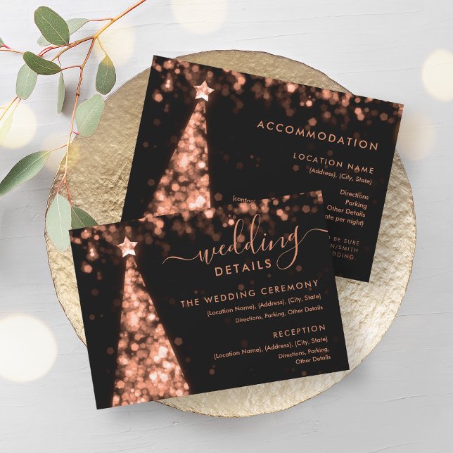 Informationskort för Festive Julafton Träd Ro Guld Inbjudningar (Festive Xmas Tree Rose Gold Wedding Details Card)