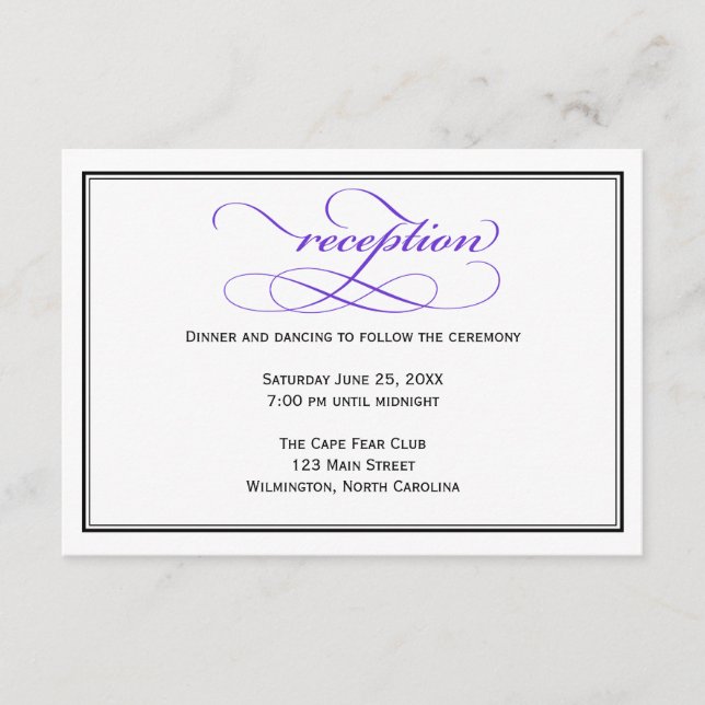 Informationskort för lila-skript-bröllop tilläggskort (Framsida)