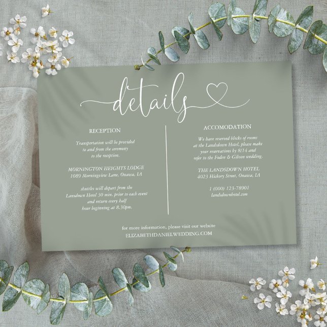 Informationskort för Sage Grönt Heart-skript Inbjudningar (Sage Green Heart Script Details Information Card)