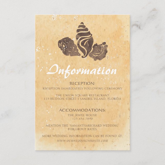 Informationskort för sand och Seashells/Beach-bröl Tilläggskort (Framsida)