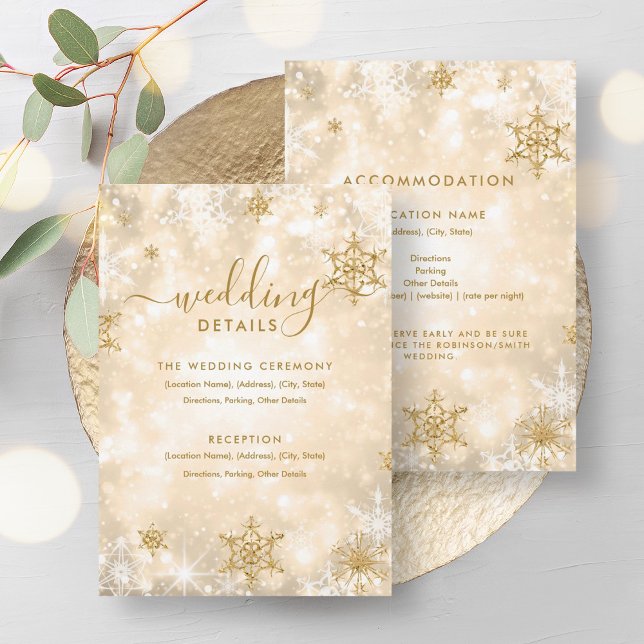 Informationskort för vinterbröllop i Guld i Festiv Inbjudningar (Festive Sparkle Gold Winter Wedding Details Card)
