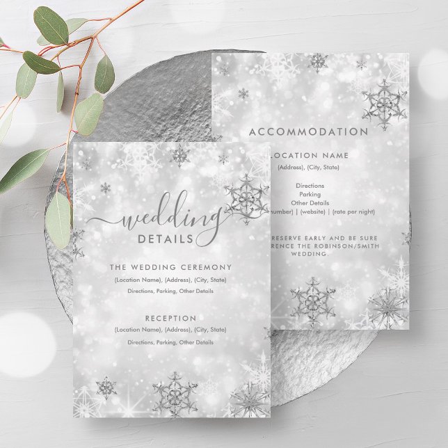 Informationskort för vinterbröllop i Silver i Fest Inbjudningar (Festive Sparkle Silver Winter Wedding Details Card)