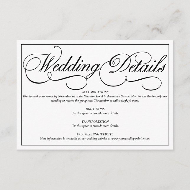 Informationskort för vit elegant Bröllop Tilläggskort (Framsida)