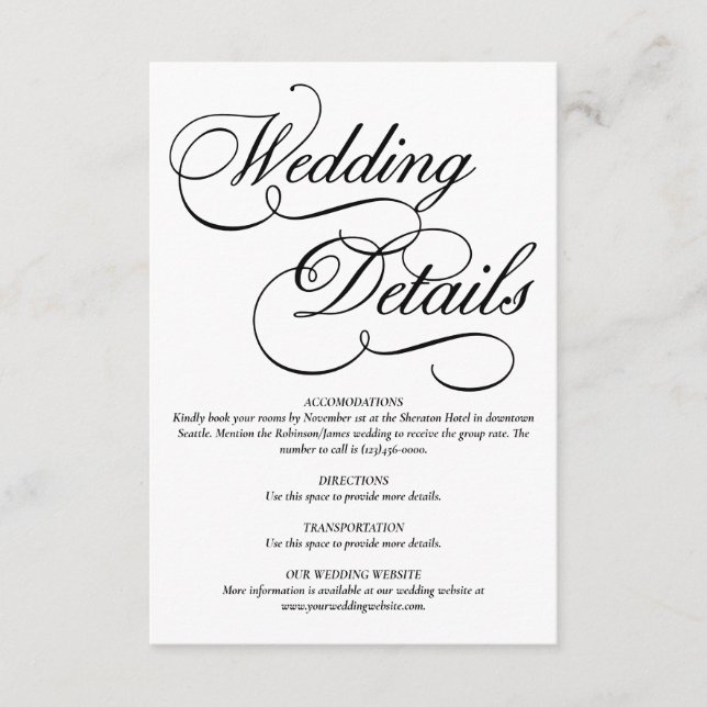 Informationskort för vit elegant Bröllop Tilläggskort (Framsida)